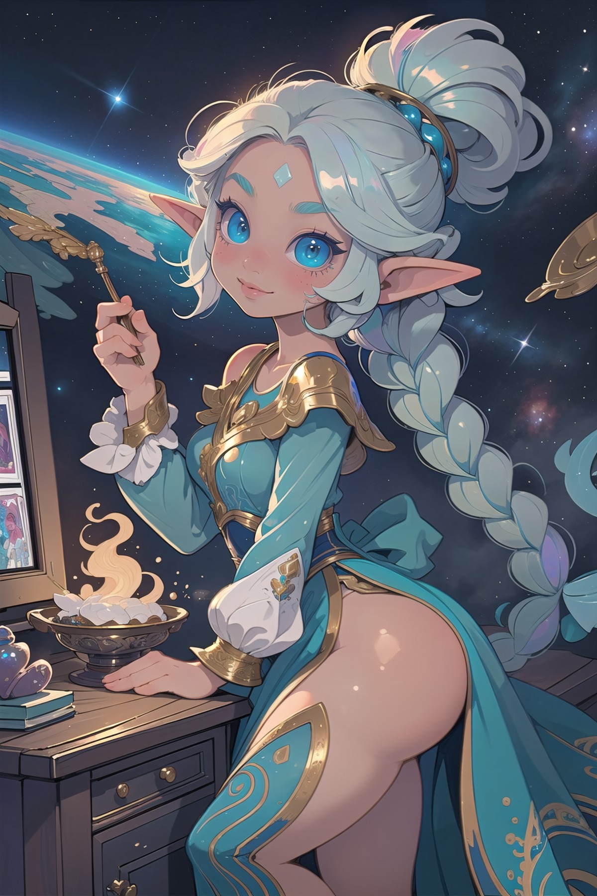 (masterpiece, best_quality, ultra-detailed, immaculate:1.3), epic, illustration, welcoming, 1girl, summoner, elf, iridesce...
